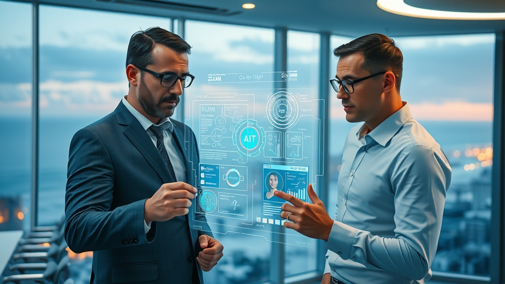 Futuristic Myrtle Beach office managers using holographic AI dashboard — voice ai assistant in myrtle beach business automation innovation