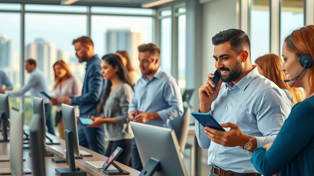 AI phone answering in Myrtle Beach business office with advanced phone technology, diverse professionals, Myrtle Beach skyline