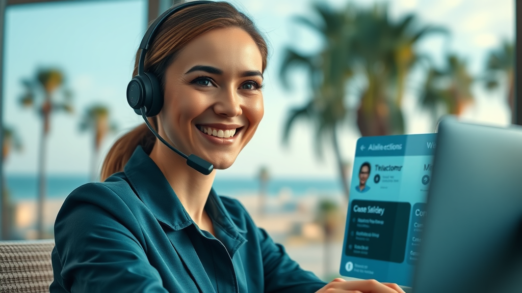 Professional AI answering service agent in Myrtle Beach, communicating via headset, showing AI interface on screen, coastal vibe