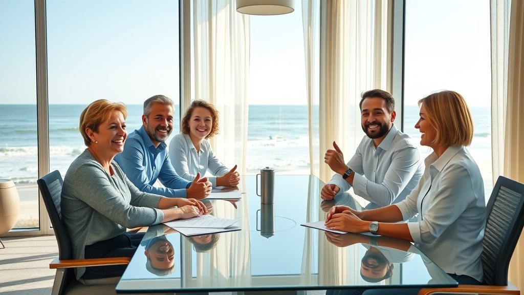 Myrtle Beach business team excited about AI voice automation around conference table, ocean view workspace, natural daylight