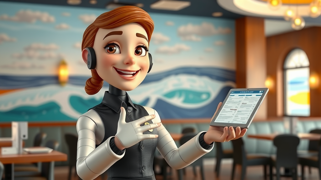 AI host assistant greeting customers in elegant Myrtle Beach restaurant, digital menu animation