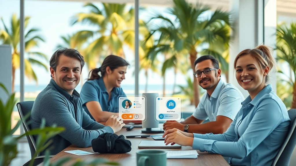 Myrtle Beach office team relaxed and collaborating with AI call management dashboard