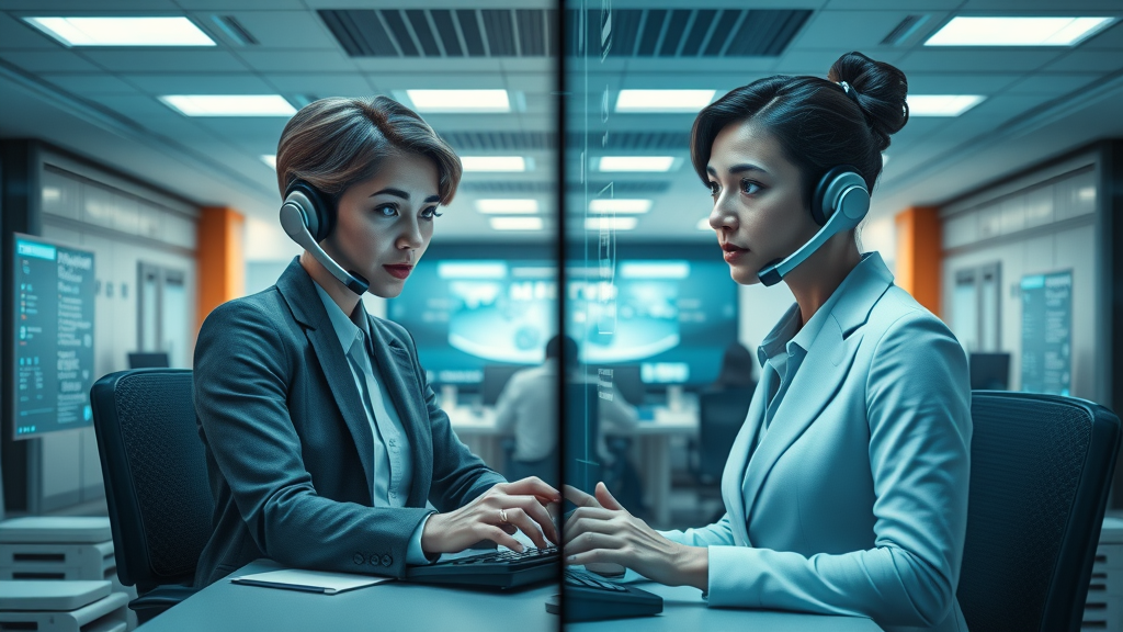 split screen of a human receptionist and a digital AI interface both answering business calls in a Myrtle Beach office