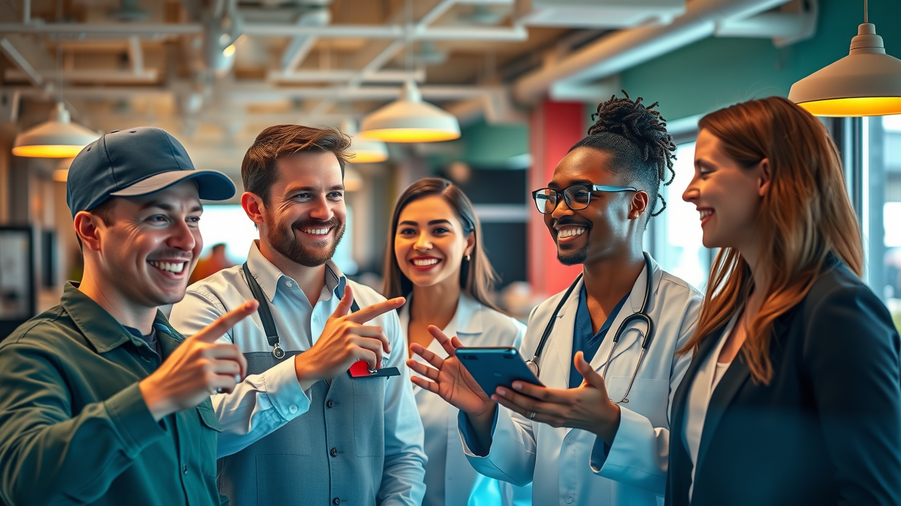 diverse Myrtle Beach service professionals—plumber, doctor, restaurant owner, and lawyer—interacting with AI technology