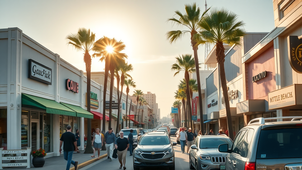 Vibrant Myrtle Beach commercial district with small businesses, modern storefronts, energetic customers. ai receptionist for myrtle beach small businesses in sunlit, bustling street, palm trees in background.