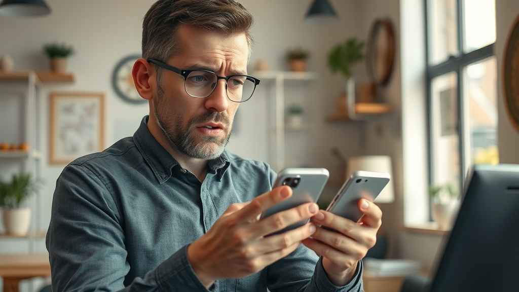 Concerned small business owner reviewing missed call log, worried facial expression, cozy Myrtle Beach office, ai receptionist for myrtle beach small businesses relief.