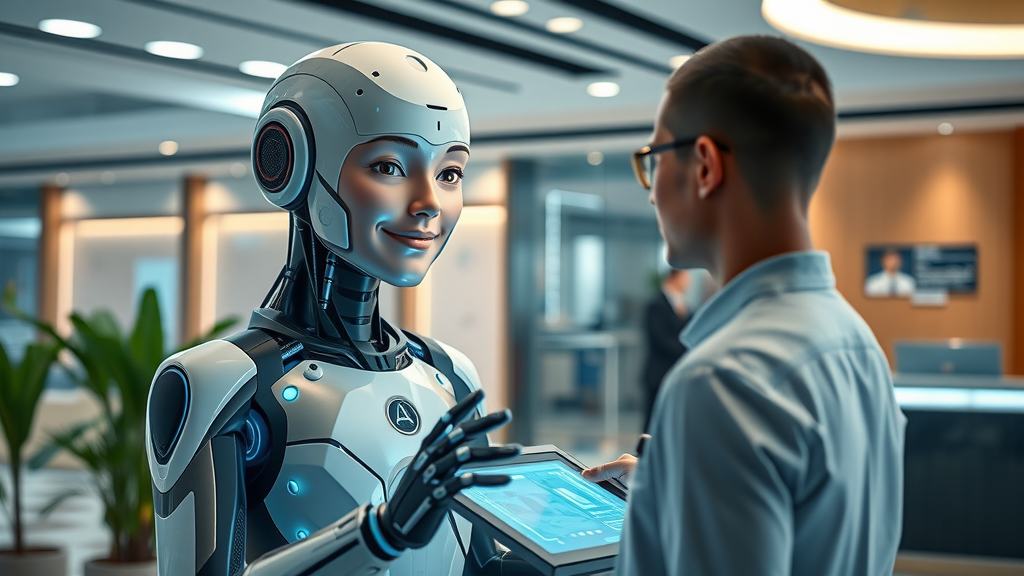 Futuristic AI receptionist at sleek Myrtle Beach business, friendly holographic assistant helping customer with touchscreen, ai receptionist for myrtle beach small businesses, vibrant contrast and modern office vibes.