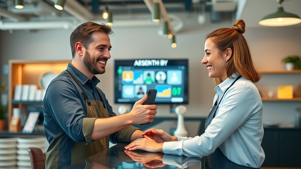Myrtle Beach small business front desk with dynamic AI receptionist screen, staff and smiling customer interacting, ai receptionist for myrtle beach small businesses showing positive engagement.