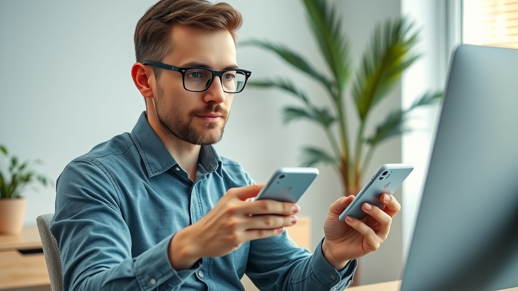 Myrtle Beach business owner setting up AI receptionist software, focused, clear interface, ai receptionist for myrtle beach small businesses in modern coastal office with palm plant.