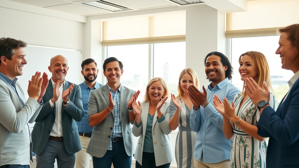 Myrtle Beach business team celebrating sales growth, bright meeting room, diverse team, ai receptionist for myrtle beach small businesses fostering success.