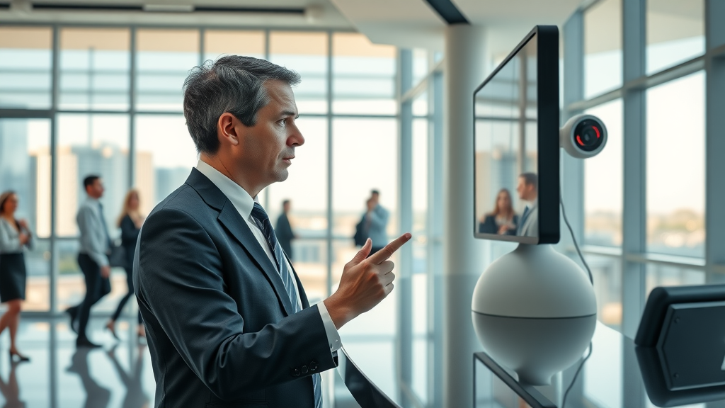 Professional receptionist in a modern Myrtle Beach office interacts with a virtual AI interface; AI answering service optimizes customer calls.
