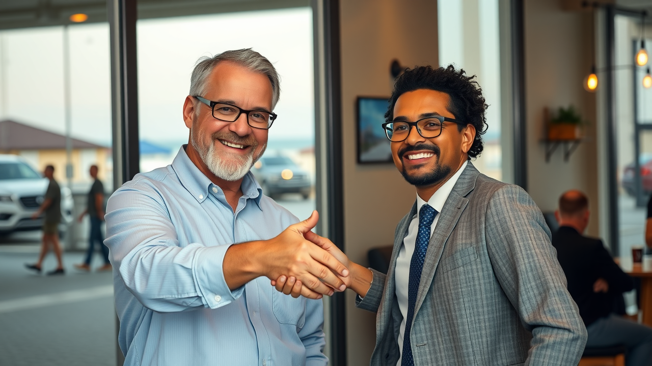 Confident Myrtle Beach business owner shaking hands with a satisfied customer after implementing a voice AI answering service.