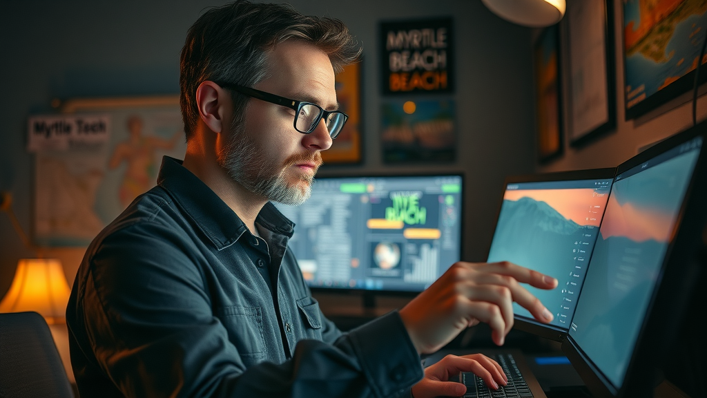 Technical engineer customizing AI voice settings for a Myrtle Beach business to improve answering service performance.