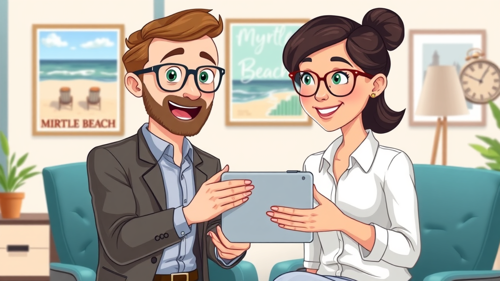 Business administrator onboarding with an AI agent for a Myrtle Beach business, step-by-step collaboration on a tablet.