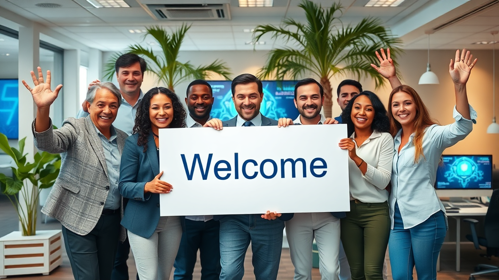 Successful Myrtle Beach business team celebrates upgrade to voice AI answering service with digital display in the office.