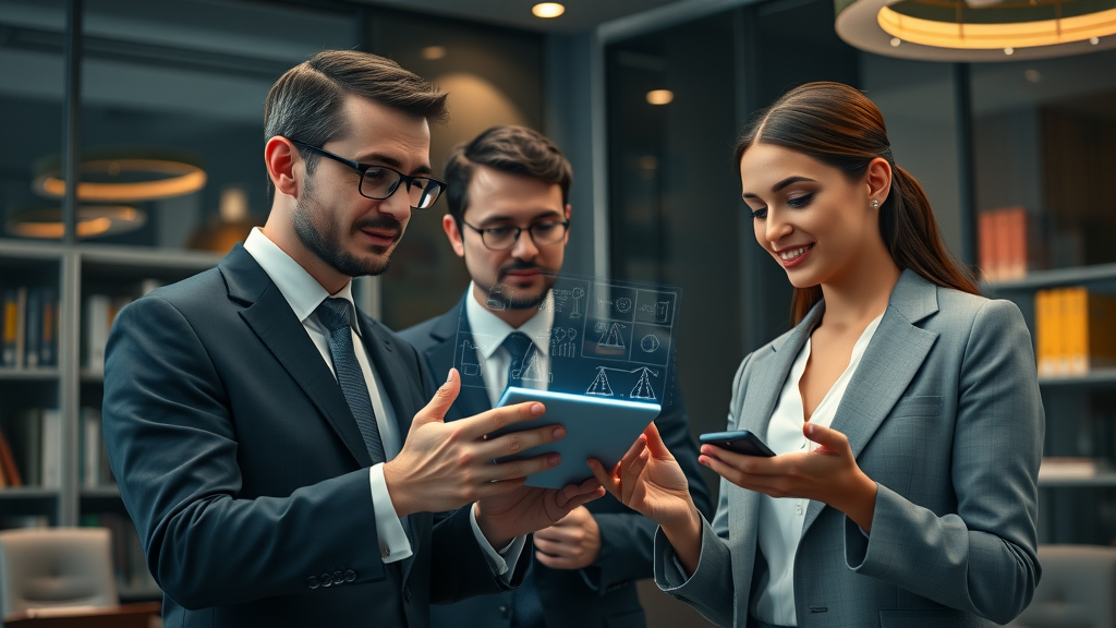 Professional legal team in Myrtle Beach using a voice-activated AI assistant in a modern, tech-integrated law office.