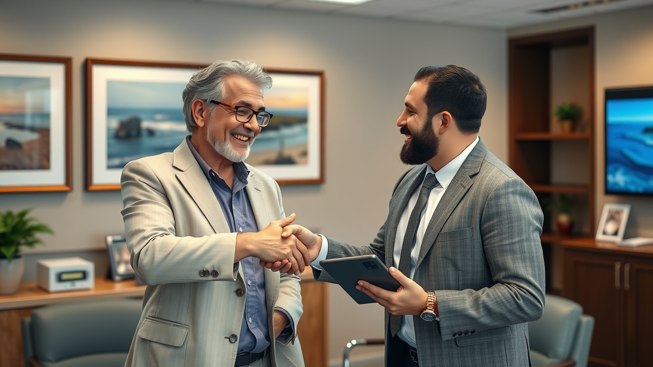 Myrtle Beach attorney using a digital AI tablet, with a happy client shaking hands, law firm with beach-inspired décor and certificates in the background.