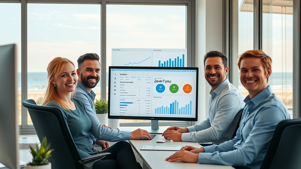 AI call routing illustration, digital data flow with Myrtle Beach skyline, AI receptionist for Myrtle Beach small businesses improving customer interactions