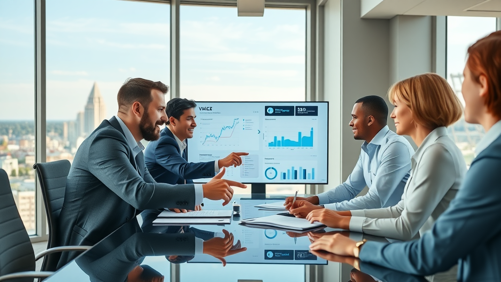 Business professionals discuss voice AI software with Myrtle Beach skyline in background, showing AI automation cost dashboard