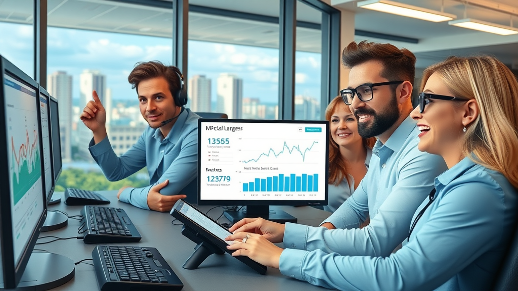 Myrtle Beach call center staff reviewing Voice AI dashboard with digital assistants, showcasing cost reduction