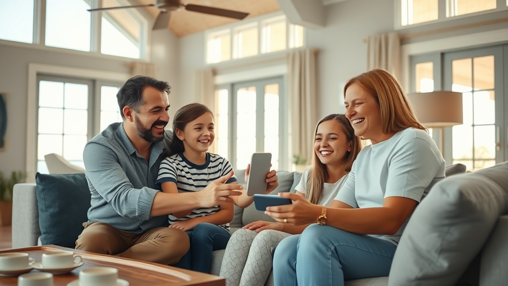 modern Myrtle Beach living room, delighted family, interacting with smart speaker, stylish coastal home, smart home devices, sunlight, high fidelity detail, best voice-assistant automation in Myrtle Beach