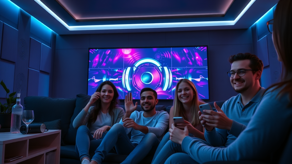 sophisticated media room, friends enjoying premier sound, smart speakers, modern home automation, Myrtle Beach, cinematic lighting