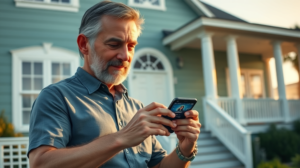 secure Myrtle Beach home, homeowner checking smart security system on phone, lifelike, best voice-assistant automation