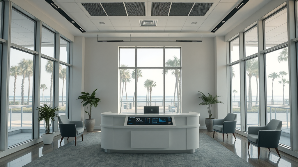 modern law office building in Myrtle Beach with high-tech AI-powered front desk, voice AI receptionist concept