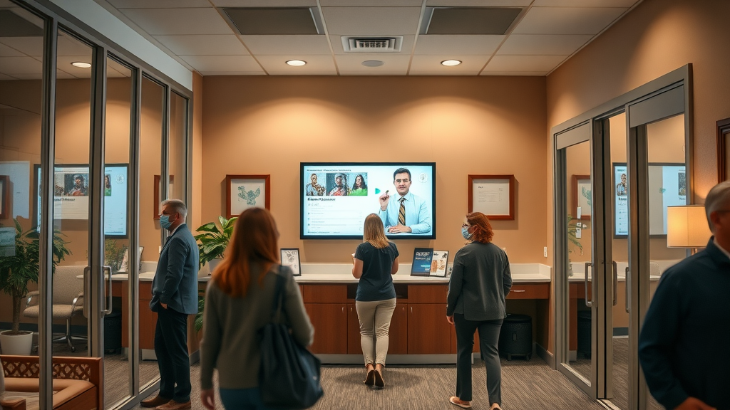 AI receptionist interface on wall screen, Myrtle Beach law firm, digital client intake, call handling
