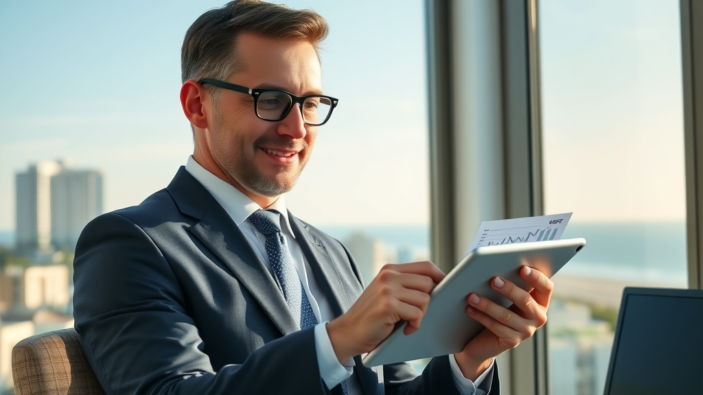 attorney reviewing business growth charts, evaluating ROI from improved client call handling due to AI receptionist
