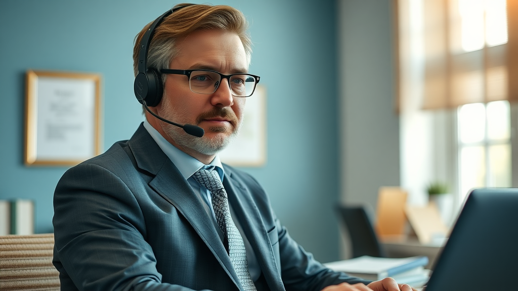 Professional Myrtle Beach attorney using voice AI call system in office, law firm call handling technology, legal office in Myrtle Beach