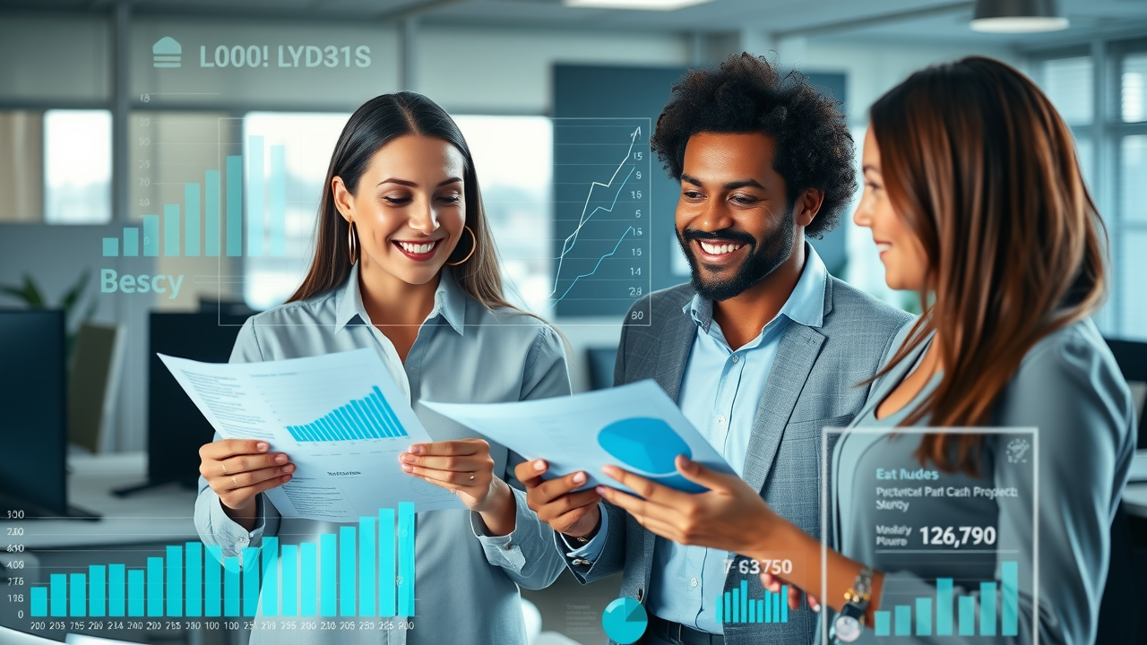business professionals in Myrtle Beach office reviewing AI answering service cost statistics and comparison charts, showcasing local digital data trends