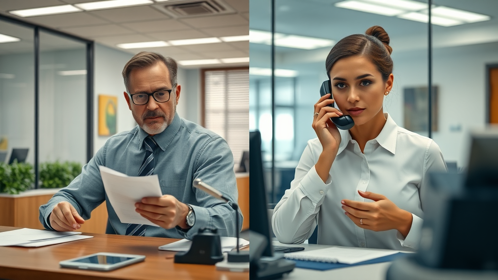 split-screen Myrtle Beach office showing traditional receptionist with paperwork next to modern AI phone system managing call answering