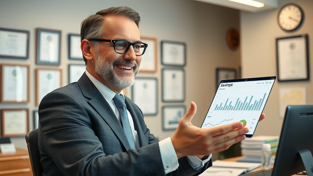 law firm partner in Myrtle Beach reviewing digital dashboard of AI answering savings, call analytics, and modern office awards