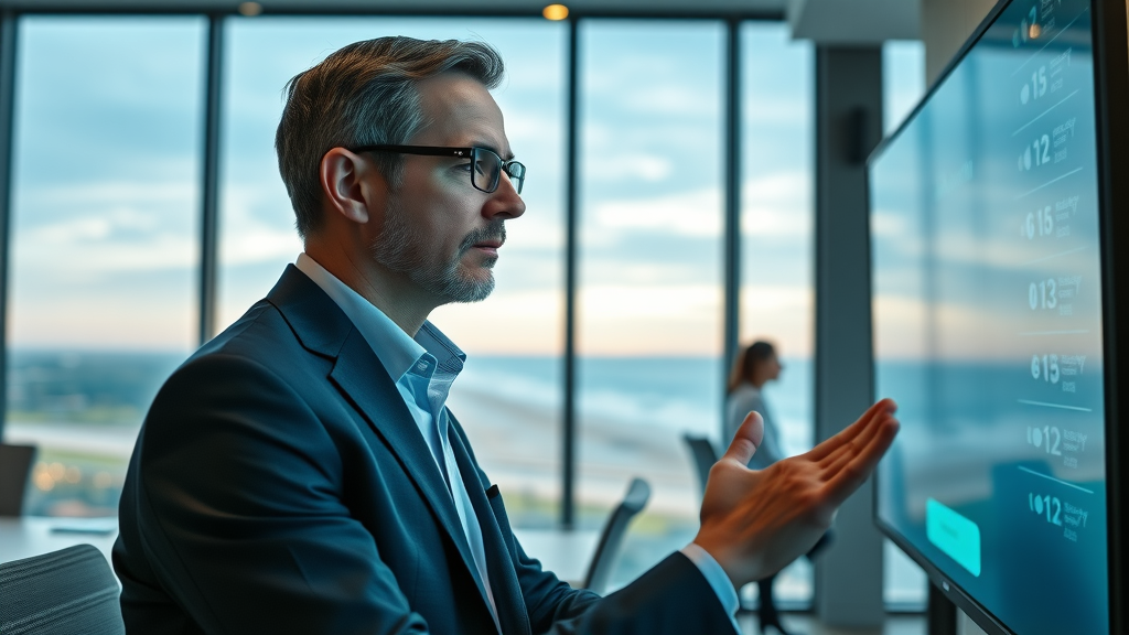 modern Myrtle Beach business leader observing AI answering system cost demonstration on screen with local landscape backdrop